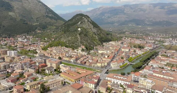Aerial view of Sora. It is a town Lazio, Italy, in the province of Frosinone. It is built in a plain on the banks of the Liri river.