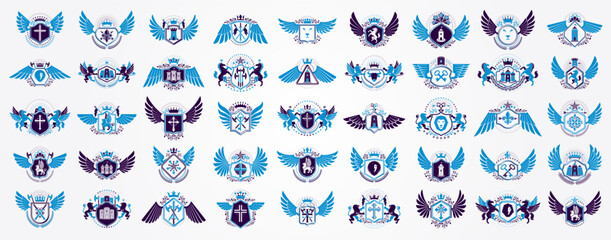 Classic style emblems big set, ancient heraldic symbols awards and labels collection, classical heraldry design elements, family or business emblems.