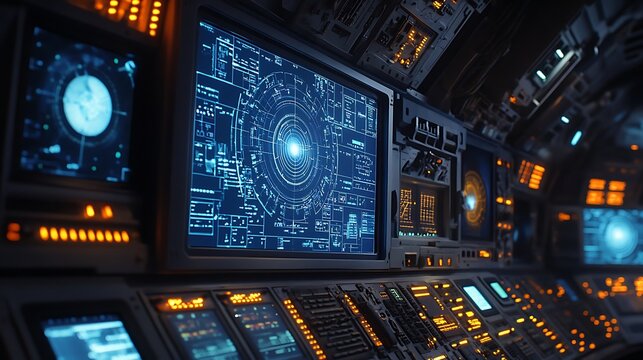 missile defense system command panel showing radar display screen digital maps and official review of sensor data in a sophisticated surveillance setting