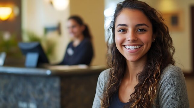 smiling office receptionist looking at camera with team member working in background modern workplace scene showing hospitality professionalism and client support
