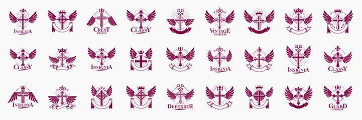 Religion crosses logos big vector set, vintage heraldic Christian emblems collection, classic style heraldry design elements, ancient designs, belief.