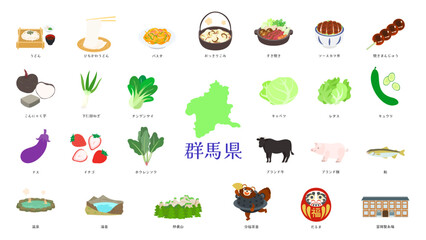 群馬県の名物や特産品のイラスト。フラットなベクターイラストセット。 Illustrations of Gunma's specialties and local products. Flat vector illustration set.