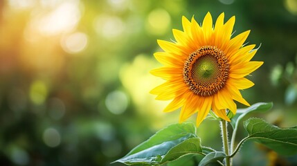 Sunflower blooming in summer field at sunset with bokeh effect