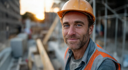 Portrait of a smiling construction site manager wearing an orange hard hat and reflective vest, standing confidently on a building site during golden hour, Generative AI