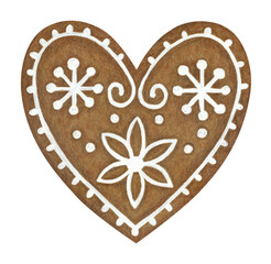 Gingerbread heart with white patterns hand drawn illustration isolated on transparent background for greeting card christmas decoration design