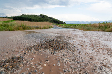 Flooded Roadway in La Rioja, Spain Following a Heavy Rainstorm