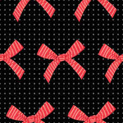 Obraz premium Red striped bows on black background and blurred polka dot seamless pattern hand drawn image for textile wrapping paper wallpaper packaging design 