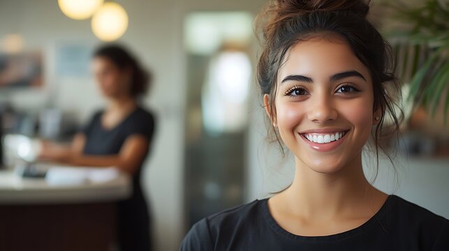 professional receptionist portrait in bright office reception area with friendly smile and colleague working in background ideal for business customer care themes