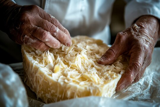 Elderly man's hands with wrinkled skin holding Casu Marzu, controversial fermented cheese. Concept of hands showcasing Casu Marzu within cozy kitchen setting.