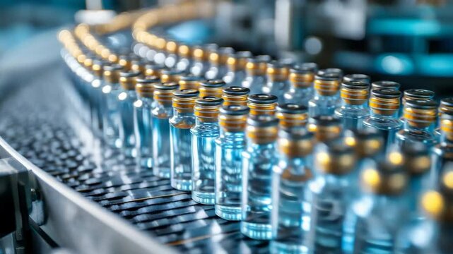 製薬工場のベルトコンベアを流れるワクチン小瓶の映像