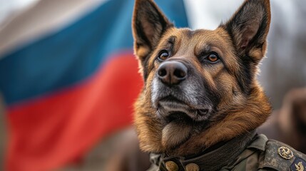 Obraz premium The dog, dressed in detailed Russian military gear, stands firm like a true soldier. The backdrop features the waving tricolor flag and a symbolic setting of national defense.