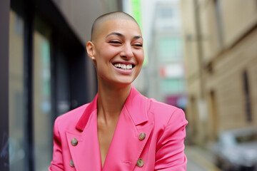 Happy lesbian in a pink suit, gay businesswoman with a buzzcut shaved head hairstyle. Inclusion and diversity in deib lgbtq positive workplace. Smiling young homosexual female at work