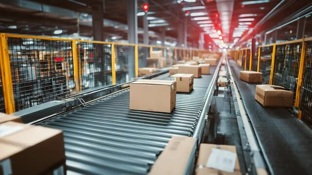 物流倉庫のコンベアで流れる段ボール箱の映像