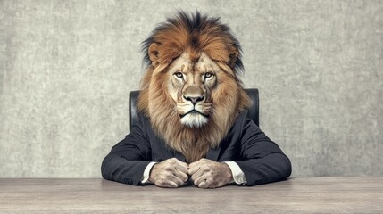 A lion wearing a suit and sitting at a desk.