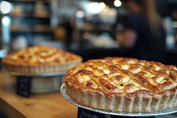 Two golden brown apple pies on display.