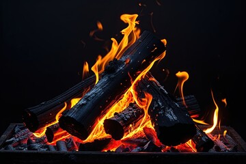 Glowing Charred Logs Against Deep Black Background with Warmth and Intensity