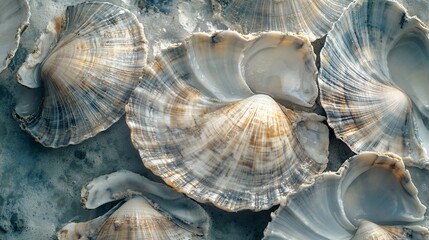 Variety of seashells forming an elegant pattern on wet sand