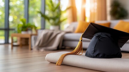 Graduation cap on yoga mat in living room