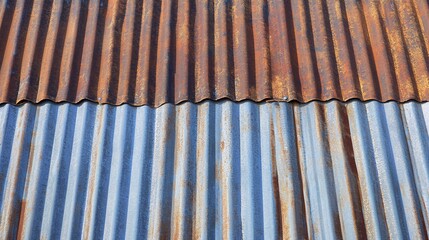 Rusty corrugated iron roof contrast with new metal sheet