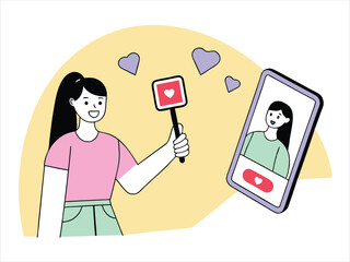 Online dating concept with woman holding a heart sign and phone screen