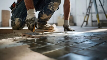 Construction worker laying tile for flooring. Featuring tile laying and construction