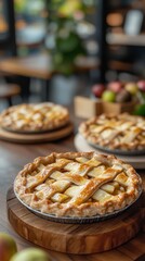 Golden-brown apple pies on wooden platters, in a cafe.