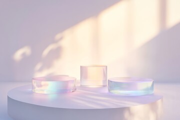 Elegant chromatic glass podium display with soft pastel lighting for modern design inspiration
