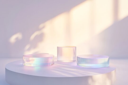 Elegant chromatic glass podium display with soft pastel lighting for modern design inspiration