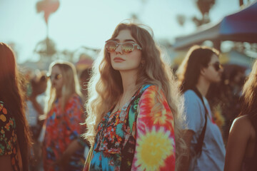 Young woman wearing tie dye clothes and sunglasses enjoying a flower power festival inspired by the 1960s with friends