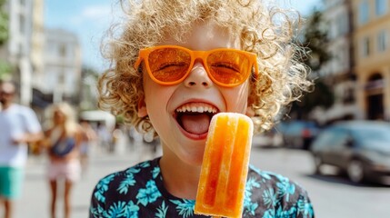 Young boy licking popsicle with orange glasses.