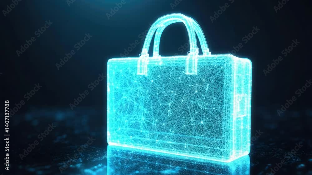 Poster futuristic digital briefcase with glowing lines and nodes in a dark background representing technolo