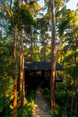 House sits nestled among tall trees in lush tropical rainforest, bathed in sunlight