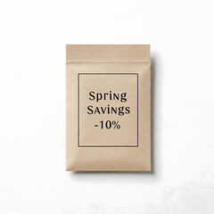 Spring Savings -10% discount printed on brown kraft paper bag mockup. Seasonal sale promotion concept. Retail packaging flat lay isolated on white background. Minimal advertising offer graphic.