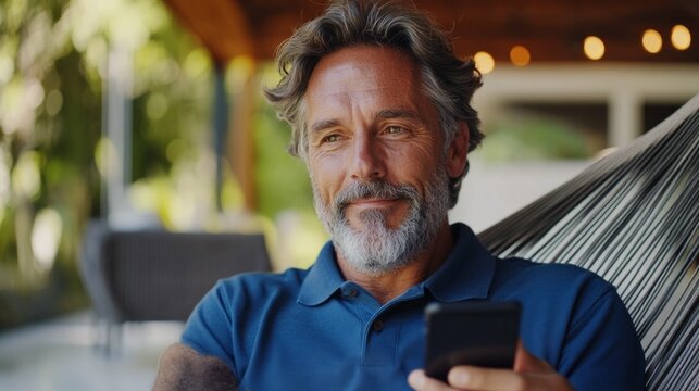 Man in blue shirt relaxing outdoors.