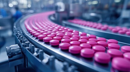 Obraz premium A close-up of vibrant pink pills on a conveyor belt, showcasing the fine textures of the pills as they move through an advanced medical production line