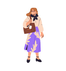 Happy woman in trendy clothes stands, holds stylish leather bag on the shoulder. Joyful girl wearing patterned skirt, earrings to walk outdoors. Flat isolated vector illustration on white background