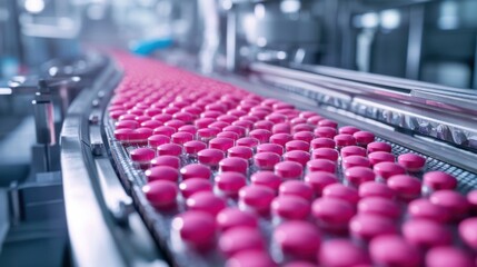 Fototapeta premium A detailed 3D shot of pink pills moving smoothly along a conveyor belt in a pharmaceutical plant, with clear focus on the intricate design of the pills and surrounding production systems 