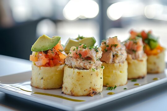 Causa Limena on white plate topped with golden-brown layered potato with tuna, diced vegetables arranged around center. Concept of Causa Limena highlights vibrant presentation.