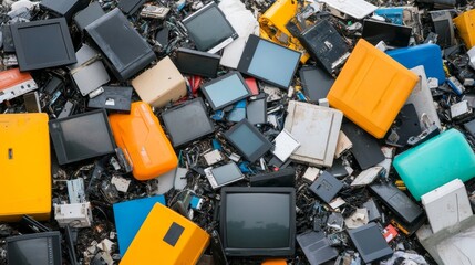 Landfill overflowing with electronics and plastics, waste management failure, digital age pollution