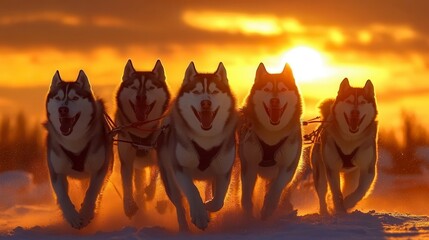 Four huskies running at sunset in snowy landscape.