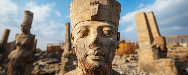 Acid rain corroded statues in ancient city, modern damage to legacy, history vs pollution