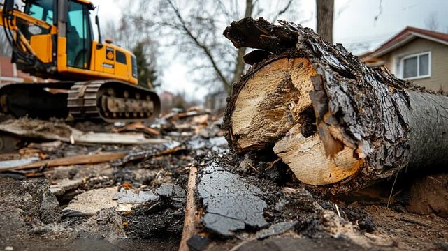 Excavator clearing fallen tree debris on residential street in urban area during cleanup