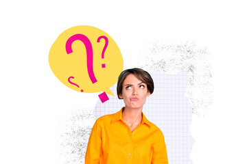Creative image collage pictrure young thinking minded woman question mark decide trouble textbox...