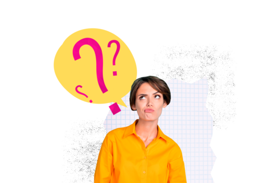 Creative image collage pictrure young thinking minded woman question mark decide trouble textbox phrase drawing background
