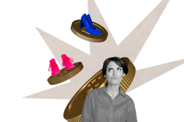 Creative photo collage young thoughtful woman decide shoes buyer choose golden coins finance economy trader drawing background