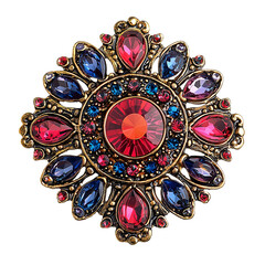 Vintage brooch with gemstones red blue jewelry design art  isolated on transparent  background