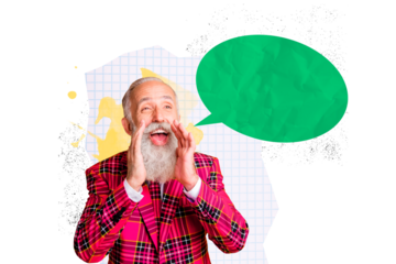 Creative collage image screaming man elderly grandfather textbox discussion forum opinion share communication concept drawing background
