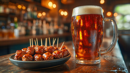 Enjoying a hearty serving of meatballs paired with a frothy beer in a cozy barbecue setting