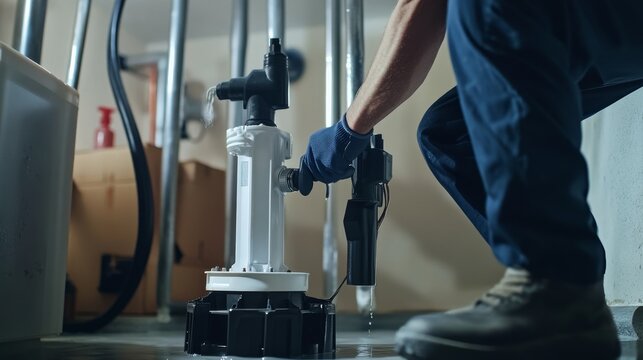 Plumber installing a sump pump in a basement. Featuring plumbing and flood prevention