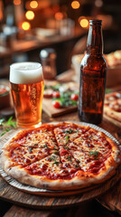 Enjoying a delicious pizza slice paired with a refreshing beer in a cozy dining environment
